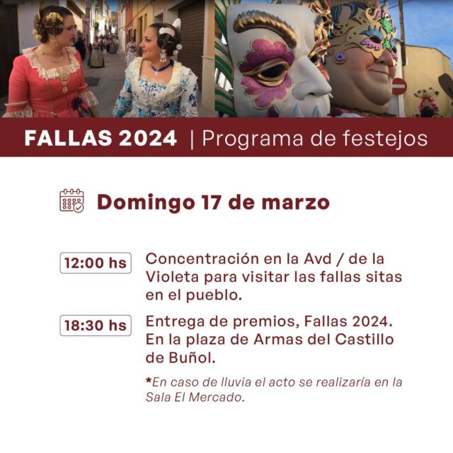 ¡No te pierdas ningún evento de las Fallas! 🎉🔥 

Desliza para conocer el programa de festejos 📅➡️

#fallas2024 #fallas #valenciaturisme #fallasbunyol #buñolesturismo