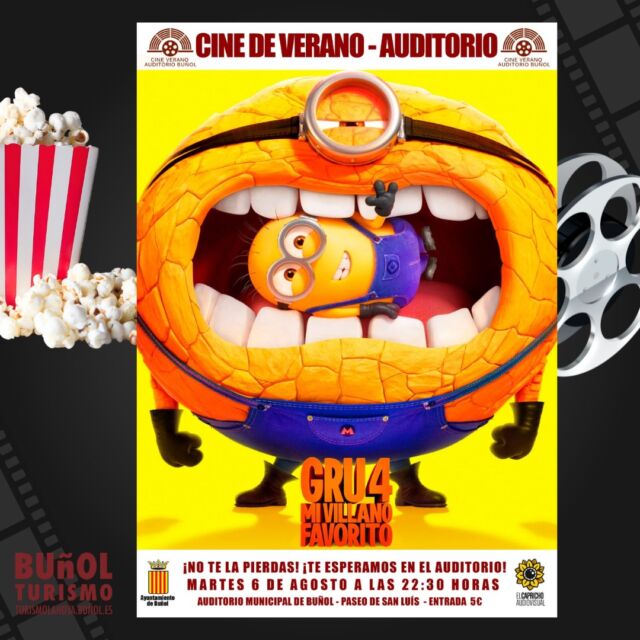 🎬🎥 ¡Cine de Verano en Buñol! 🎥🎬

¡Prepárate para una noche llena de diversión con nuestra próxima proyección al aire libre! 🌟

📅 Fecha: Martes, 6 de agosto
🕒 Hora: 22:30 horas
📍 Lugar: Auditorio Municipal de Buñol - Paseo de San Luis

🎞️ Película: GRU4 Mi Villano Favorito
💰 Entrada: 5€

No te pierdas esta oportunidad de disfrutar de una gran película bajo las estrellas. ¡Trae a tu familia y amigos, y acompáñanos para una noche inolvidable! 🌙✨

¡Te esperamos! 🍿

Organiza: Ayuntamiento de Buñol y El Capricho Audiovisual