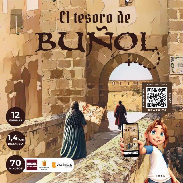 ¡Descubre Buñol y sumérgete en su historia!

Te invitamos a participar en una gymkana turística única, recorriendo los rincones más fascinantes de Buñol. 🎯

📜 12 enigmas 
🚶 1,4 km de aventura 
⏰ 70 minutos de diversión

Con esta ruta gratuita y sin registro, resolverás misterios mientras exploras este maravilloso pueblo. Solo necesitas tu móvil para iniciar la aventura y descubrir los secretos de Buñol.

🔗 Escanea el código QR de la imagen o visita nuestra web para más información. Disponible en Castellano, Valenciano y Inglés.