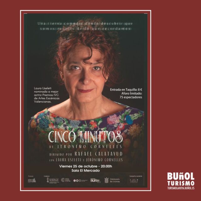 🎭 ¡No te pierdas una comedia tierna y conmovedora! 🎭
Este 25 de octubre a las 20:00h en la Sala El Mercado de Buñol, disfruta de la obra Cinco Minutos, escrita por Jerónimo Cornelles y dirigida por Rafael Calatayud. Con las actuaciones de Laura Useleti, nominada a los premios IVC, y el propio Jerónimo Cornelles, te invitamos a descubrir que somos fragmentos de lo que recordamos.
🎟️ Entradas en taquilla: 8€ 🎟️ Aforo limitado: 75 espectadores
¡No te quedes sin la tuya!
#CincoMinutos #TeatroEnBuñol #CulturaBuñol #TeatroValenciano #LauraUseleti #RafaelCalatayud #JerónimoCornelles #CulturaYArte #EspectáculoTeatral #AgendaCultural #BuñolTurismo #SalaElMercado